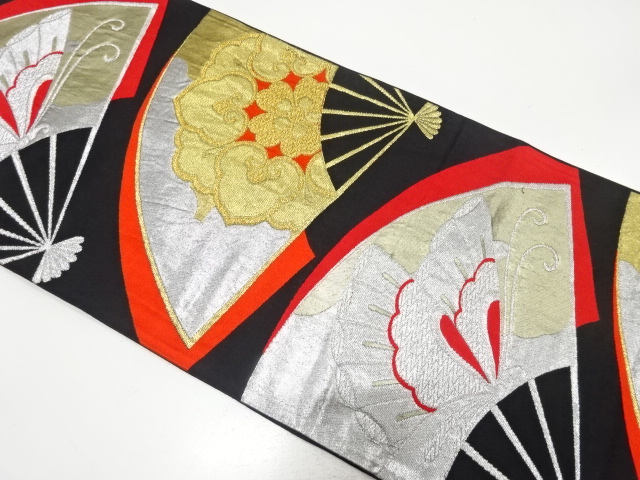 JAPANESE KIMONO / ANTIQUE FUKURO OBI / SILK / WOVEN FOLDING FAN & FLORAL CREST & BUTTERFLY